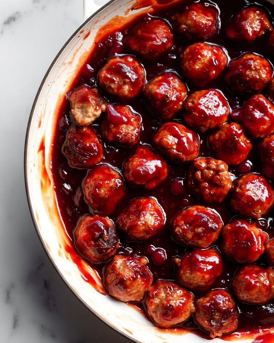 A white pan filled with many small round meatballs, each coated in a thick, shiny dark red sauce, arranged closely together and covering the whole pan surface. The sauce appears smooth and rich, with some sauce spread on the inner sides of the pan. The background is a white marbled texture, and the lighting highlights the glossy texture of the sauce and the browned spots on the meatballs. Photo taken with an iphone --ar 4:5 --v 7