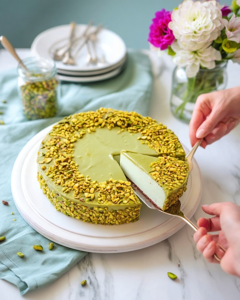 A round cake with three visible layers sits on a white plate over a white marbled surface. The top layer is smooth and covered in a light green frosting, surrounded by a thick border of crushed green and yellow pistachios around the edge. Three thin slices are cut and slightly pulled out, showing a glimpse of the cake’s dense texture beneath the frosting. A silver cake server is lifting one slice, held by a woman's hand. In the background, there is a white plate with three forks and a vase of white and bright pink flowers. A glass jar with more crushed pistachios is open on a light blue cloth nearby. Photo taken with an iphone --ar 4:5 --v 7