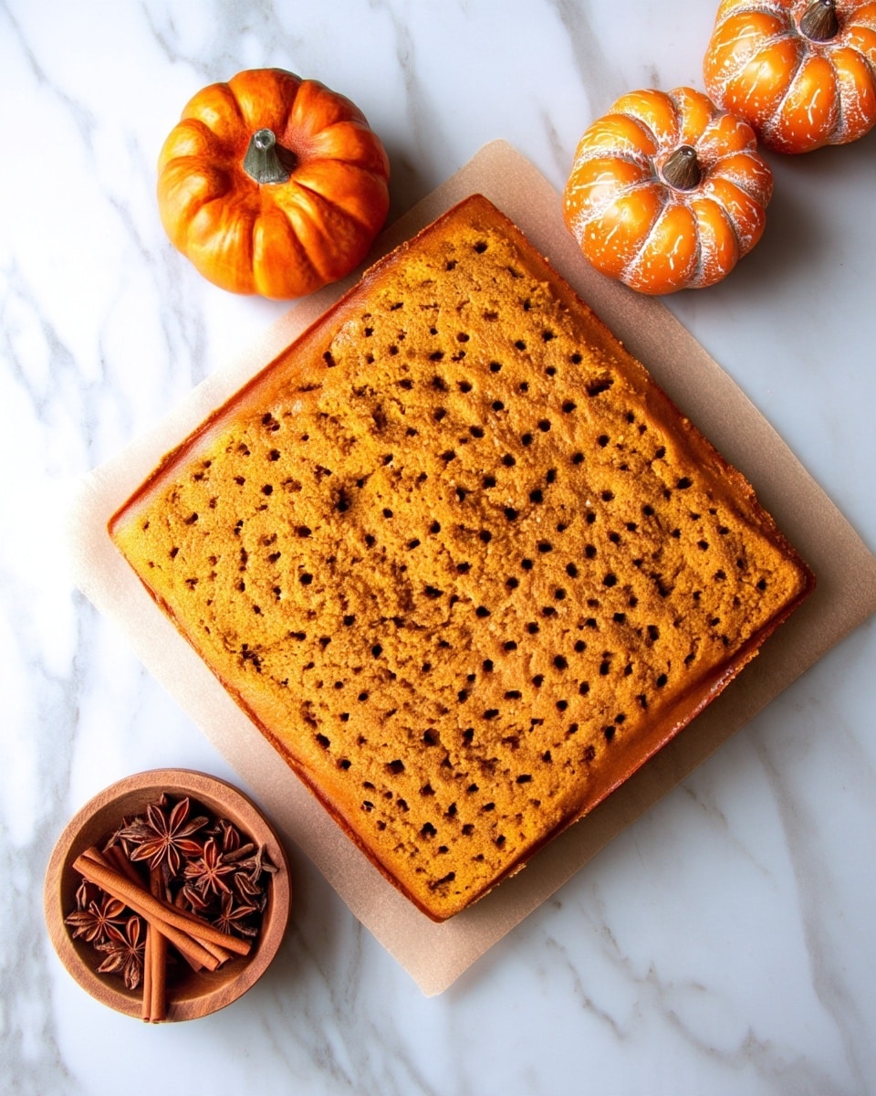 A flat, square cake with a golden brown color and a textured surface full of small, evenly spaced holes covers most of the image, resting on a piece of parchment paper. Above and to the right and left edges of the cake, three small orange pumpkins add a vibrant touch. In the lower left corner, a round wooden bowl holds cinnamon sticks and star anise, showing rich brown colors and rough textures. The background is a white marbled surface, providing a clean, bright contrast to the cake and the spices. Photo taken with an iphone --ar 4:5 --v 7