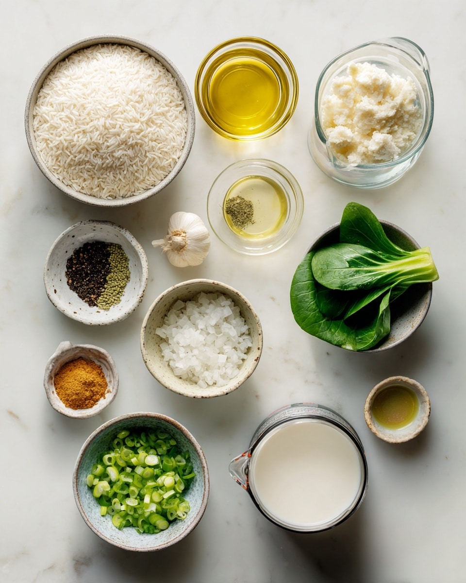 Top-down professional food photography, flat lay style, bright white marble countertop, neatly arranged, evenly spaced, tidy, clean organized layout. Include: bowl of uncooked white jasmine rice, glass measuring cup of low sodium vegetable broth, small glass cup of olive oil, small bowl of finely diced shallots, small bowl of minced garlic, small bowl of roughly chopped baby bok choy, small bowl of baby spinach, small bowl of ground turmeric, small bowl of sea salt, small bowl of black pepper, opened can-style bowl with full fat coconut milk showing watery and creamy parts, small bowl of diced green onions. Bright soft natural lighting, sharp focus, high detail textures, realistic reflections, professional DSLR look, 4K, no finished dish, no cooked food, no hands, no text, no watermark, no brand logos --ar 4:5 --v 7
