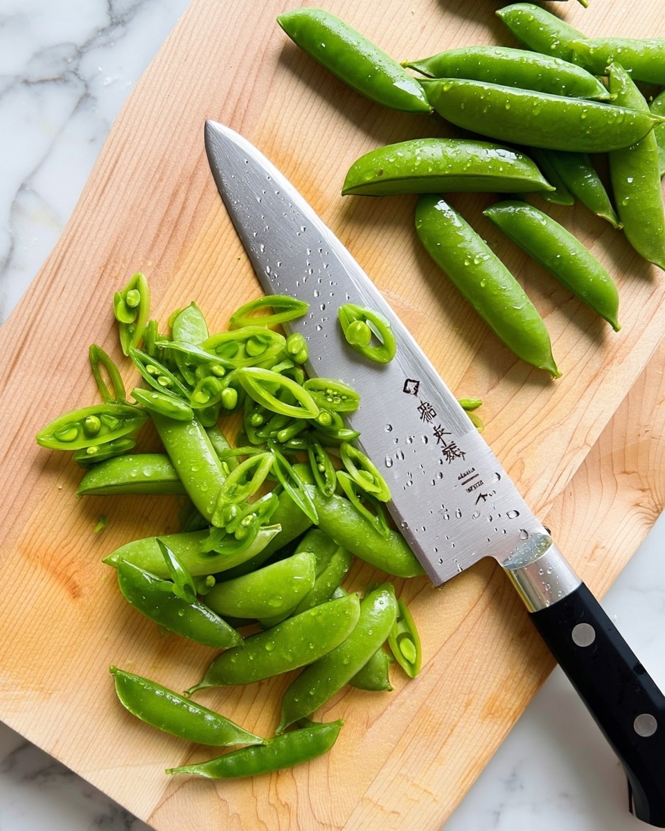 A light wooden cutting board with a sharp silver knife laying flat near the center, covered in small pieces of thinly sliced green snap peas. The snap peas are a bright, fresh green color, some whole and some cut into oval and slightly curved slices showing the seeds inside. The knife has Japanese characters on the blade and a black handle with silver rivets. The whole snap peas are placed on the right side of the board, with small droplets of water on them and the board, all set against a white marbled surface. photo taken with an iphone --ar 4:5 --v 7