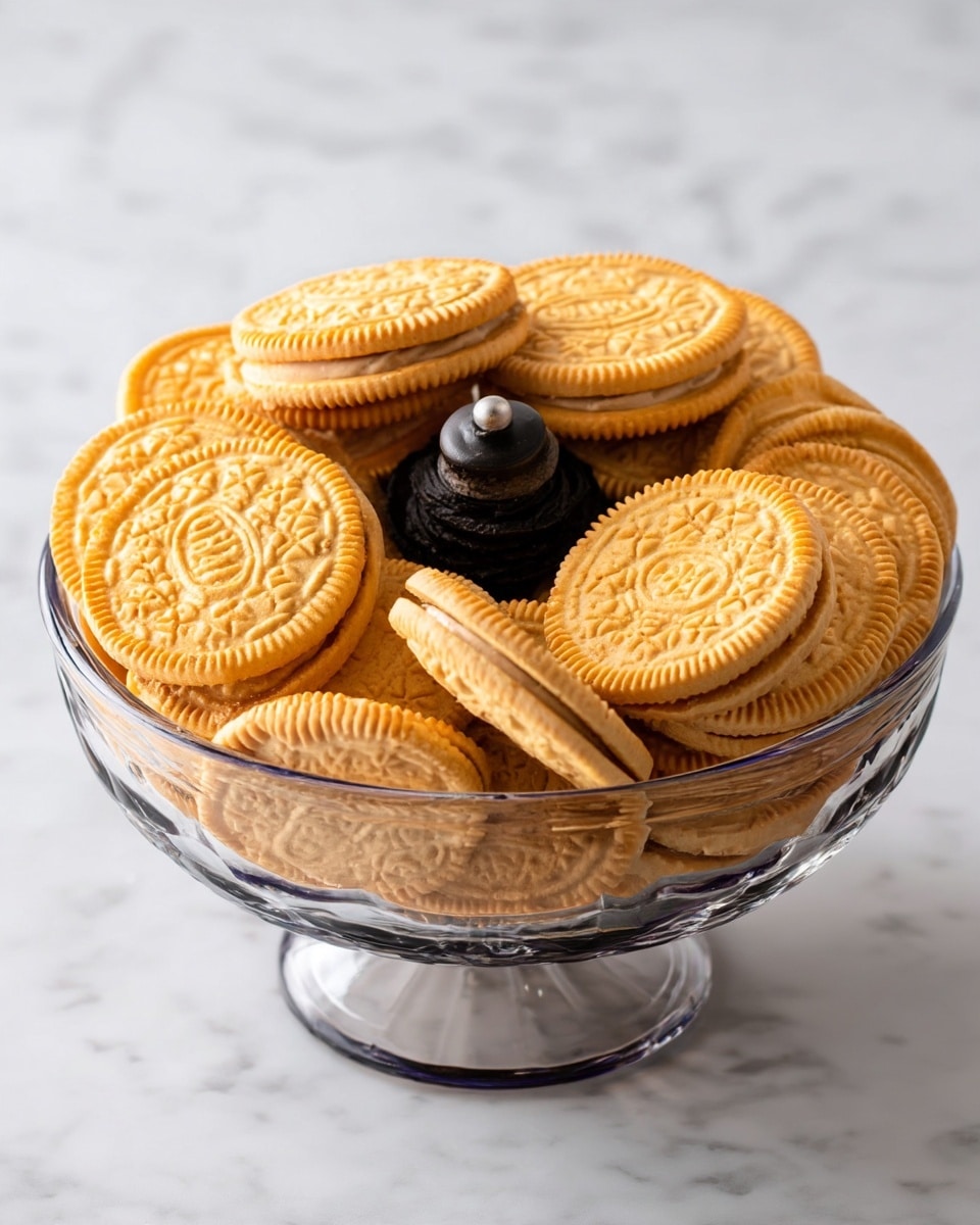 A clear bowl filled with many golden sandwich cookies layered flat and standing upright around a black center piece in the bowl. The cookies have an embossed pattern on the top and a creamy light filling visible between the two cookie layers. The bowl rests on a white marbled surface. photo taken with an iphone --ar 4:5 --v 7