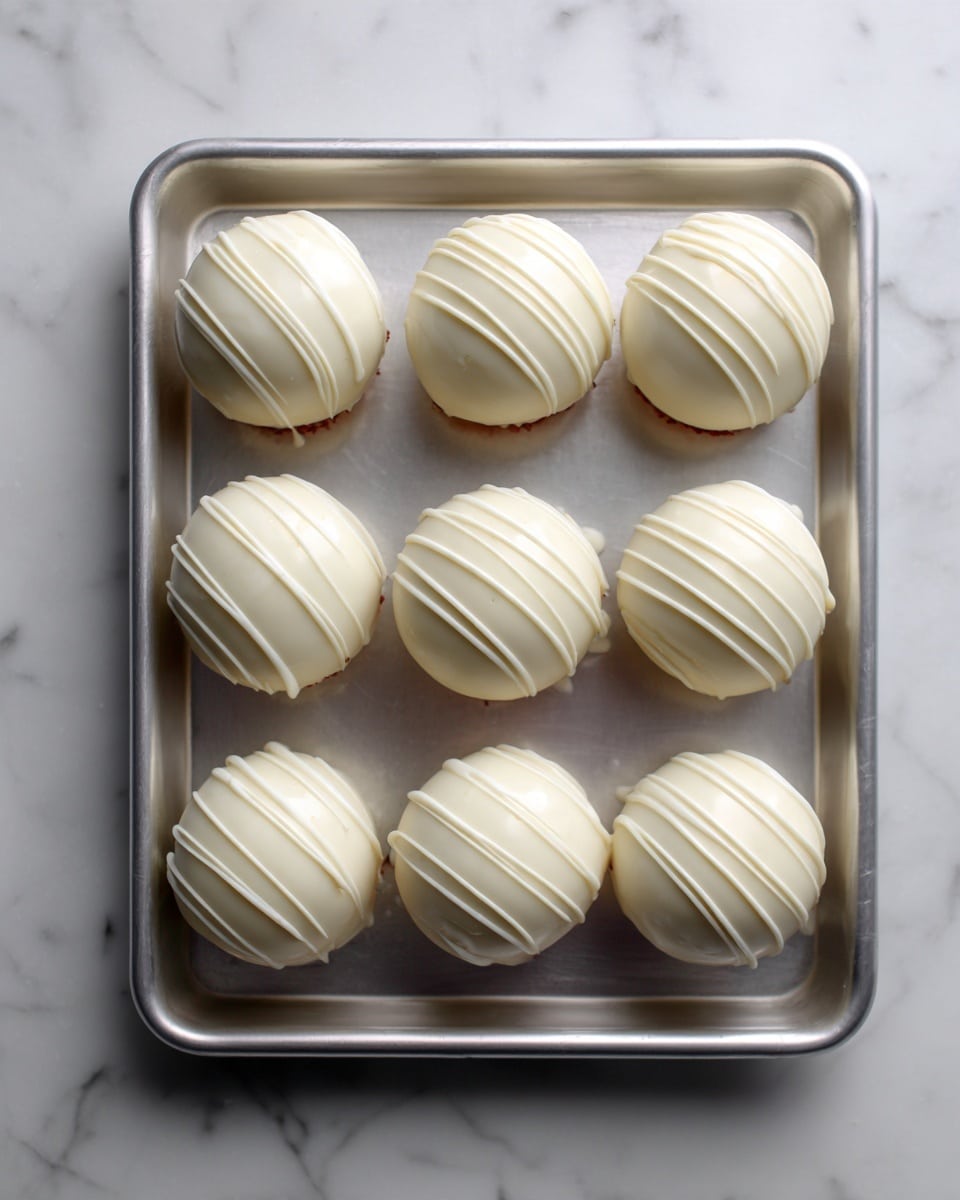 The image shows eight round white balls placed in two rows on a metal tray. Each ball is covered with a smooth white coating and drizzled with thin lines of the same white substance, creating a textured layer. The tray is set on a white marbled surface. The lighting highlights the shiny and smooth texture of the balls and the drizzled coating photo taken with an iphone --ar 4:5 --v 7
