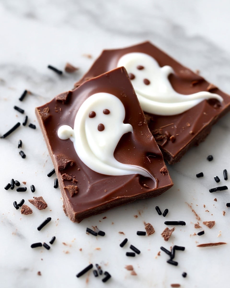 Two pieces of chocolate bark lie on a white marbled surface, each having one layer of smooth dark brown chocolate as the base with a white, creamy ghost shape swirled on top. The ghost shapes have small dark brown eyes and a mouth, giving a cute, simple face look. One piece shows a small white ghost tail curling slightly at the edge. Around the chocolate pieces, there are small scattered black sprinkles and chocolate crumbs on the white marbled texture. photo taken with an iphone --ar 4:5 --v 7
