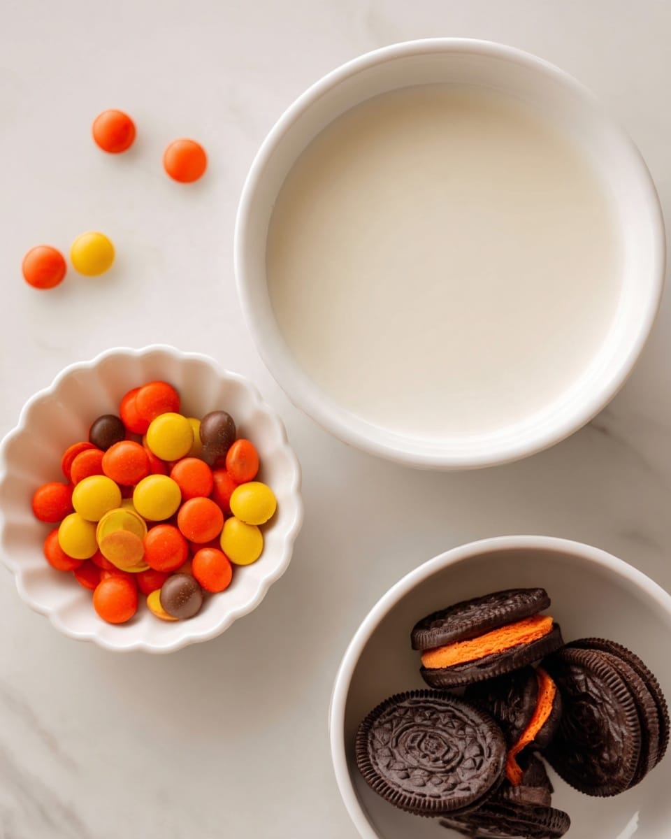 A close-up photo shows three white bowls on a white marbled surface. The largest bowl is filled with smooth, creamy white liquid centered at the top. To the left, a smaller white scalloped bowl holds a mix of round chocolate candies in orange, yellow, and brown colors. On the right, another small white bowl contains chocolate sandwich cookies with bright orange filling, some whole and some split to show the filling inside. The photo has a warm tone and is taken with an iphone --ar 4:5 --v 7