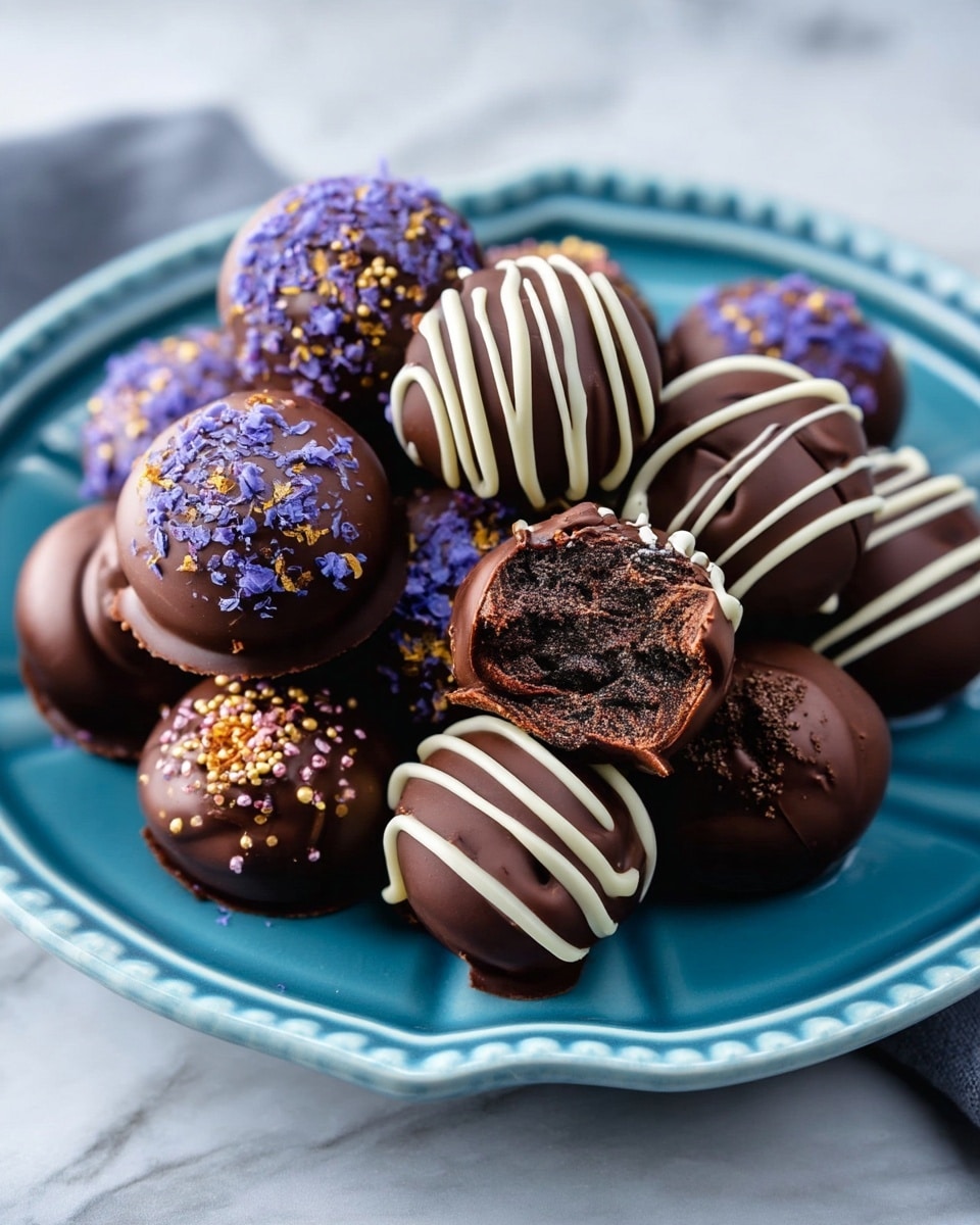 A blue ceramic plate filled with round chocolate cake balls arranged closely together; each cake ball has a smooth, dark brown chocolate coating. Some are decorated with fine crumbled chocolate on top, others have small purple and golden sprinkles, while a few are adorned with thin white chocolate stripes drizzled across them. One cake ball in front is bitten, showing a dense, moist, dark chocolate interior. The plate sits on a soft white marbled surface. photo taken with an iphone --ar 4:5 --v 7