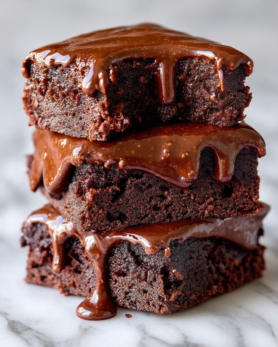 The image shows a close-up of three stacked chocolate brownies with rich, shiny chocolate frosting dripping down the sides. The bottom brownie layer is thick and dark brown with a slightly crumbly texture. The middle layer has smooth, glossy chocolate frosting covering it, while the top brownie has a bite taken out, revealing a moist, dense inside. The brownies rest on a white marbled surface, and the lighting highlights the shiny, soft texture of the chocolate glaze. photo taken with an iphone --ar 4:5 --v 7
