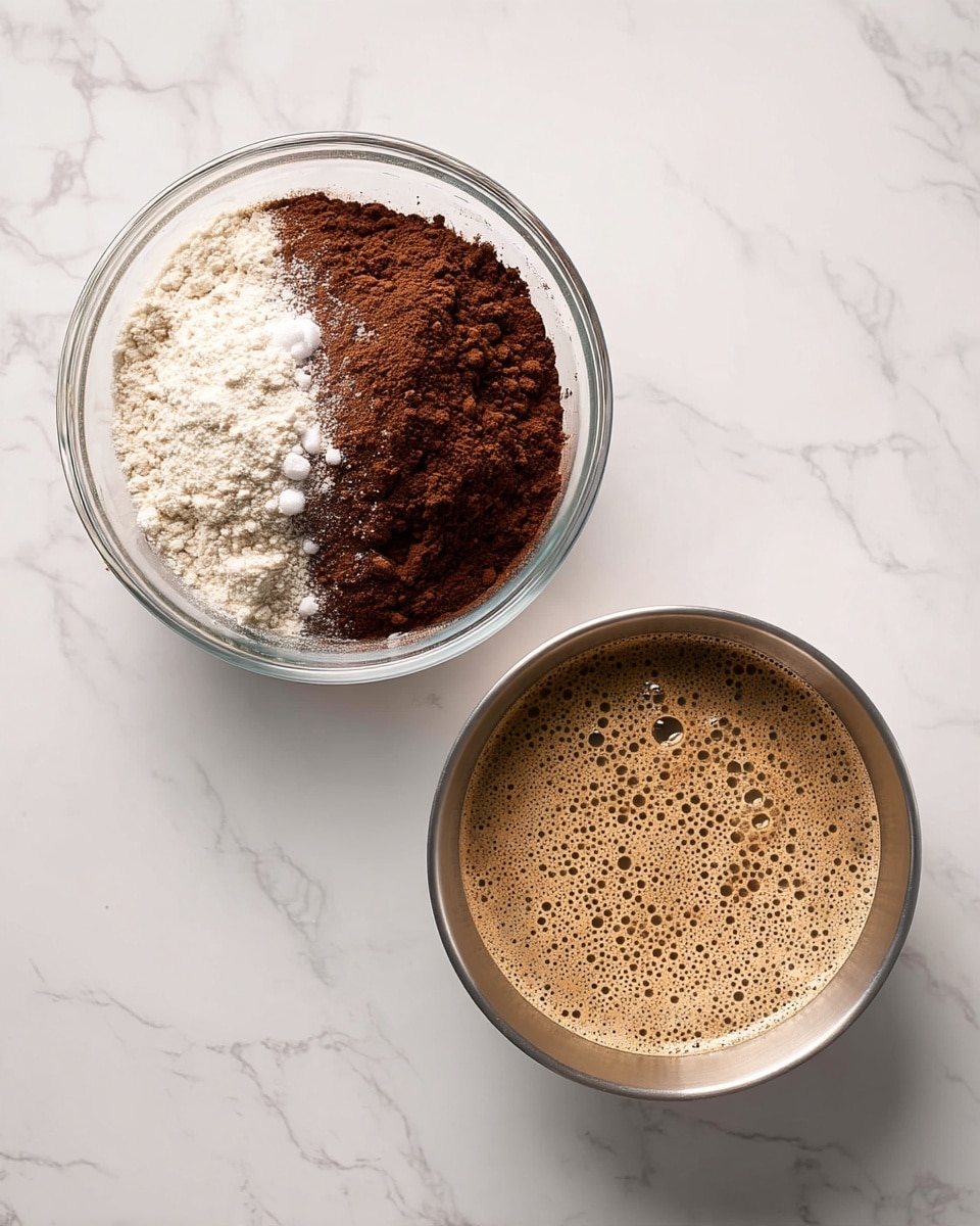 The image shows two side-by-side photos on a white marbled surface. On the left, there is a clear glass bowl with dry ingredients layered inside: at the bottom is light beige flour, then a thick middle layer of dark brown cocoa powder, topped with small piles of white baking soda and salt. On the right, a shiny silver metal bowl contains a light brown liquid mixed with bubbles floating on the surface, evenly spread across the bowl. Both bowls are centered and clearly show the textures and colors of the ingredients. photo taken with an iphone --ar 4:5 --v 7
