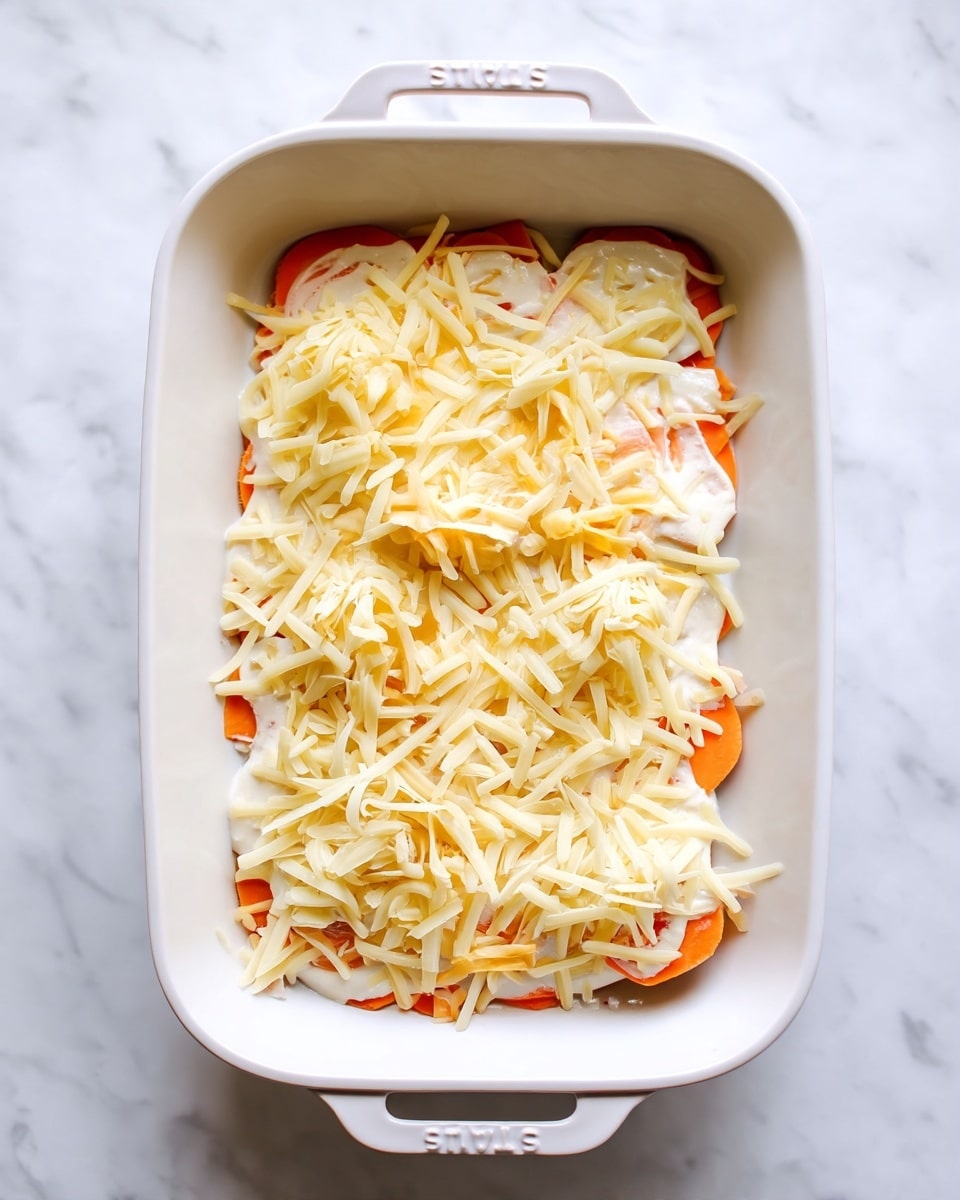 A white rectangular baking dish on a white marbled surface holds layered sliced orange sweet potatoes at the bottom. On top of the sweet potato layer, there is a smooth white creamy sauce spread evenly. Over the sauce, a generous amount of shredded pale yellow cheese is scattered, creating a textured, slightly uneven top layer. The dish shows about three visible layers: the orange potato slices, the white creamy layer, and the cheese on top. Photo taken with an iphone --ar 4:5 --v 7
