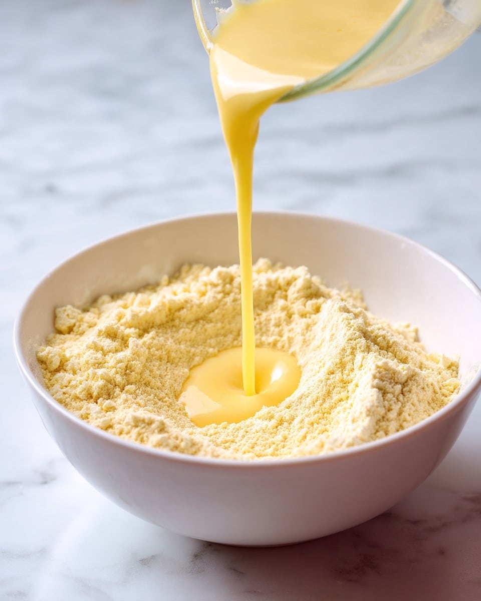 A close-up image shows a bowl with a mixture of fine flour that is pale yellow in color and has a powdery texture. Into this bowl, a yellow liquid with a smooth and slightly thick texture is being poured from above, creating a flowing motion. The bowl is white and set on a white marbled surface. The liquid contrasts well against the powdery flour, highlighting the moment of mixing. The overall colors are soft and warm, with focus on the action of pouring. Photo taken with an iphone --ar 4:5 --v 7