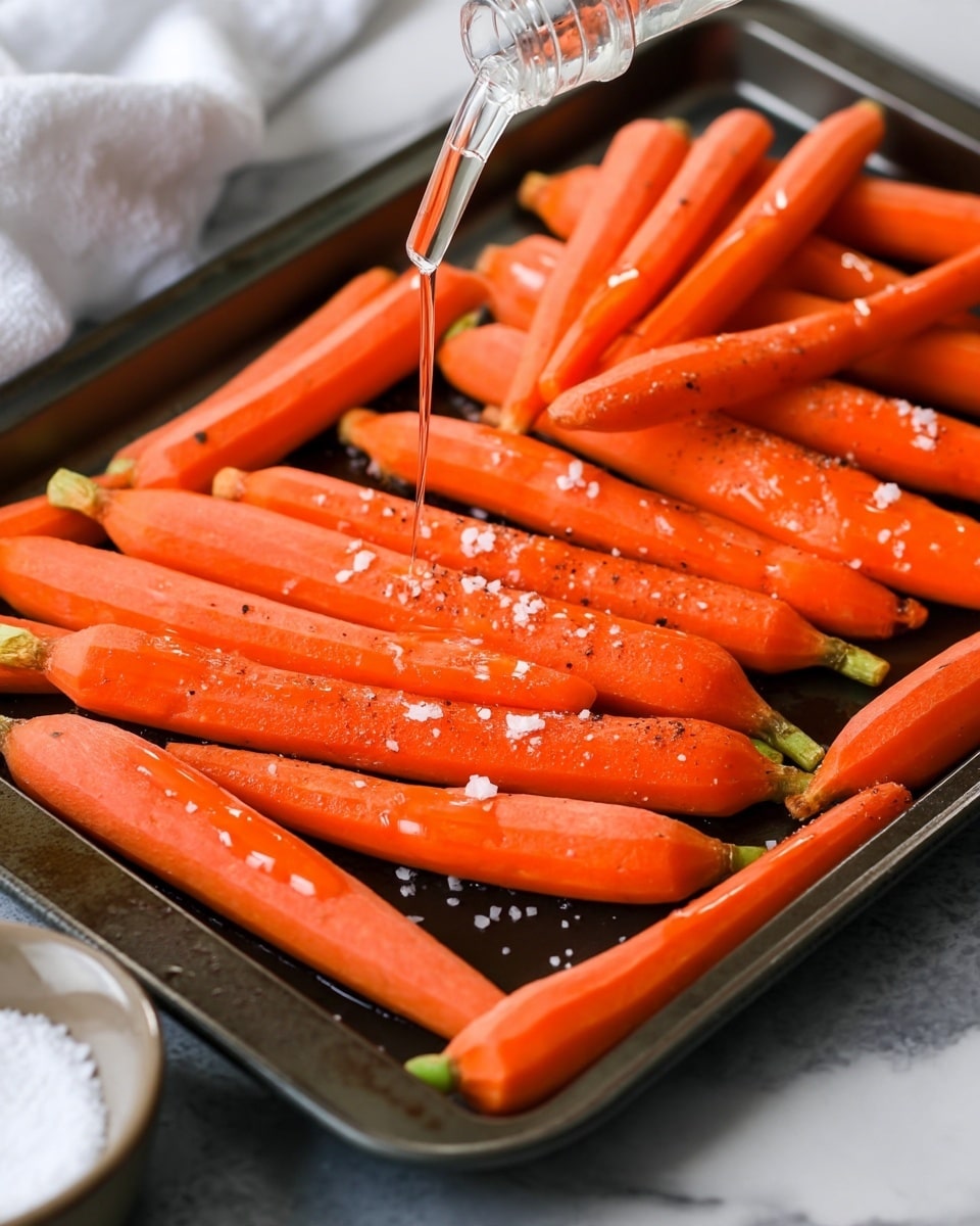 A close-up view of whole fresh peeled carrots arranged in one single layer on a dark baking tray. The carrots are bright orange with smooth texture, some sprinkled with coarse white salt and black pepper. There is a clear liquid being poured over the carrots from above using a glass dropper. The tray is set on a white marbled surface with a small white bowl of salt partially visible on the side. The scene is bright and focused, showing the details of the carrots' surfaces and seasoning photo taken with an iphone --ar 4:5 --v 7