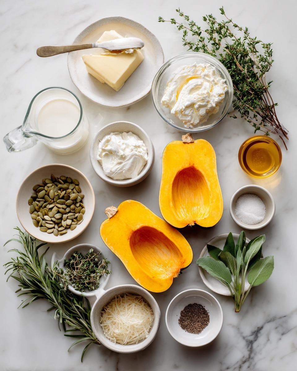 Top-down professional food photography, flat lay style, bright white marble countertop, neatly arranged, evenly spaced, tidy, clean organized layout, include: halved acorn squash (cut side up) on small plate, small plate with tablespoon of butter, small bowl of cream cheese, glass measuring cup of heavy cream, small bowls each with fresh thyme sprigs, fresh rosemary sprigs, fresh sage leaves, small bowl of grated Parmesan cheese, small bowl with salt, small bowl with pepper, small bowl of pumpkin seeds, bright soft natural lighting, sharp focus, high detail textures, realistic reflections, professional DSLR look, 4K, no finished dish, no cooked food, no hands, no text, no watermark, no brand logos --ar 4:5 --v 7