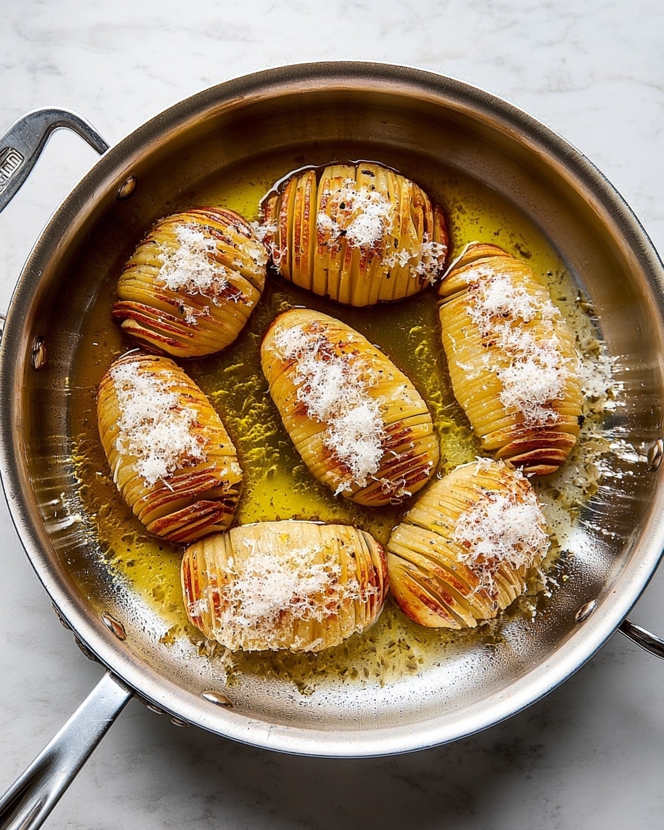 Six hasselback potatoes with thin, even slices fanned out, are arranged inside a shiny silver frying pan. Each potato is golden brown at the edges where the slices separate, and topped with a layer of finely grated white cheese. The pan holds a shallow pool of melted butter or oil with a warm yellow color. The pan is set on a white marbled surface, and the metal handles of the pan stretch out to the left and right sides of the image. Photo taken with an iphone --ar 4:5 --v 7