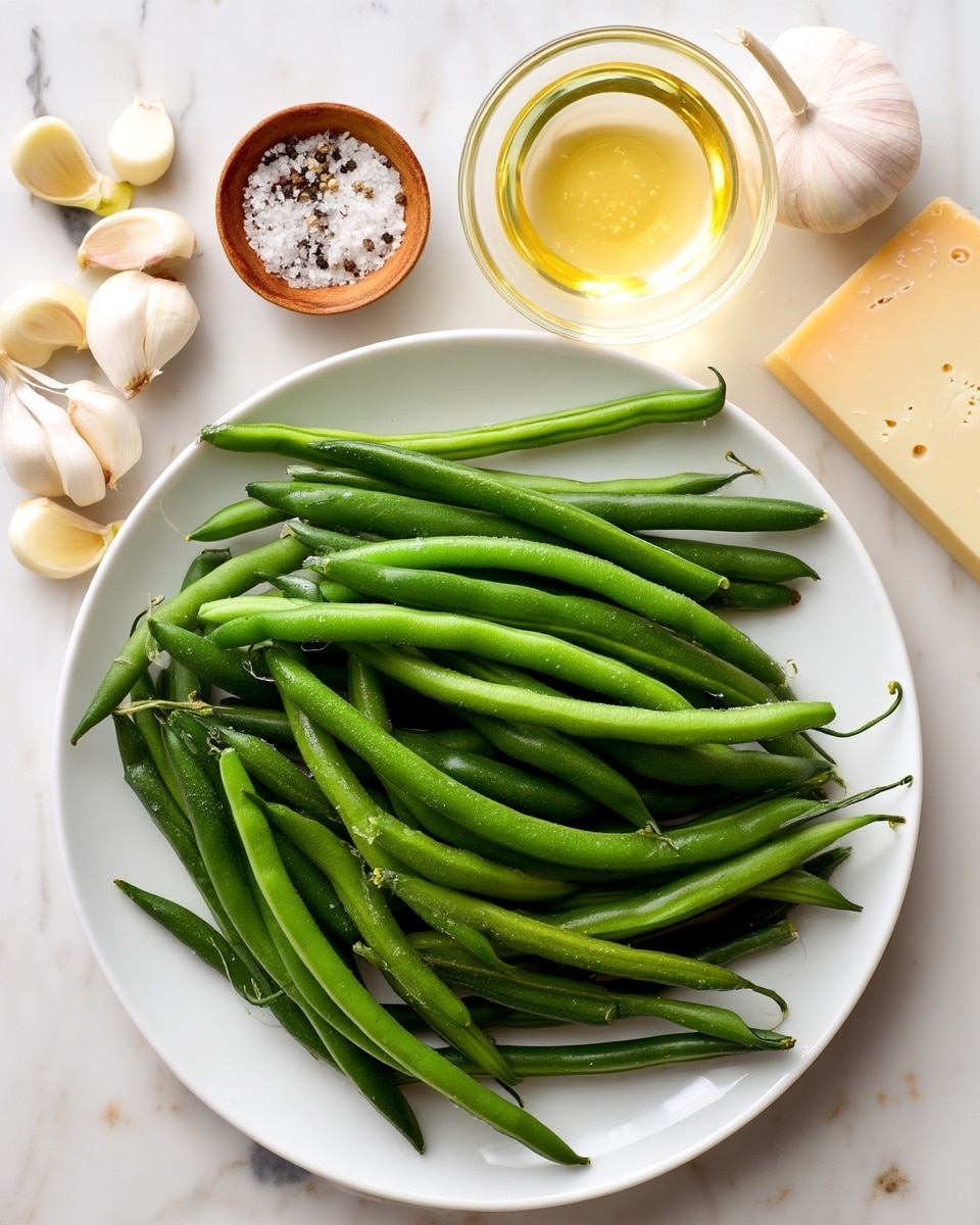 A white plate filled with fresh green beans piled neatly in the center, surrounded by other ingredients placed on a white marbled surface: a block of pale yellow cheese with a rough edge on the right side, six peeled garlic cloves grouped together at the bottom left, a small clear glass bowl filled with a light yellow liquid near the bottom right, and tiny piles of white salt and black pepper scattered nearby. Photo taken with an iphone --ar 4:5 --v 7