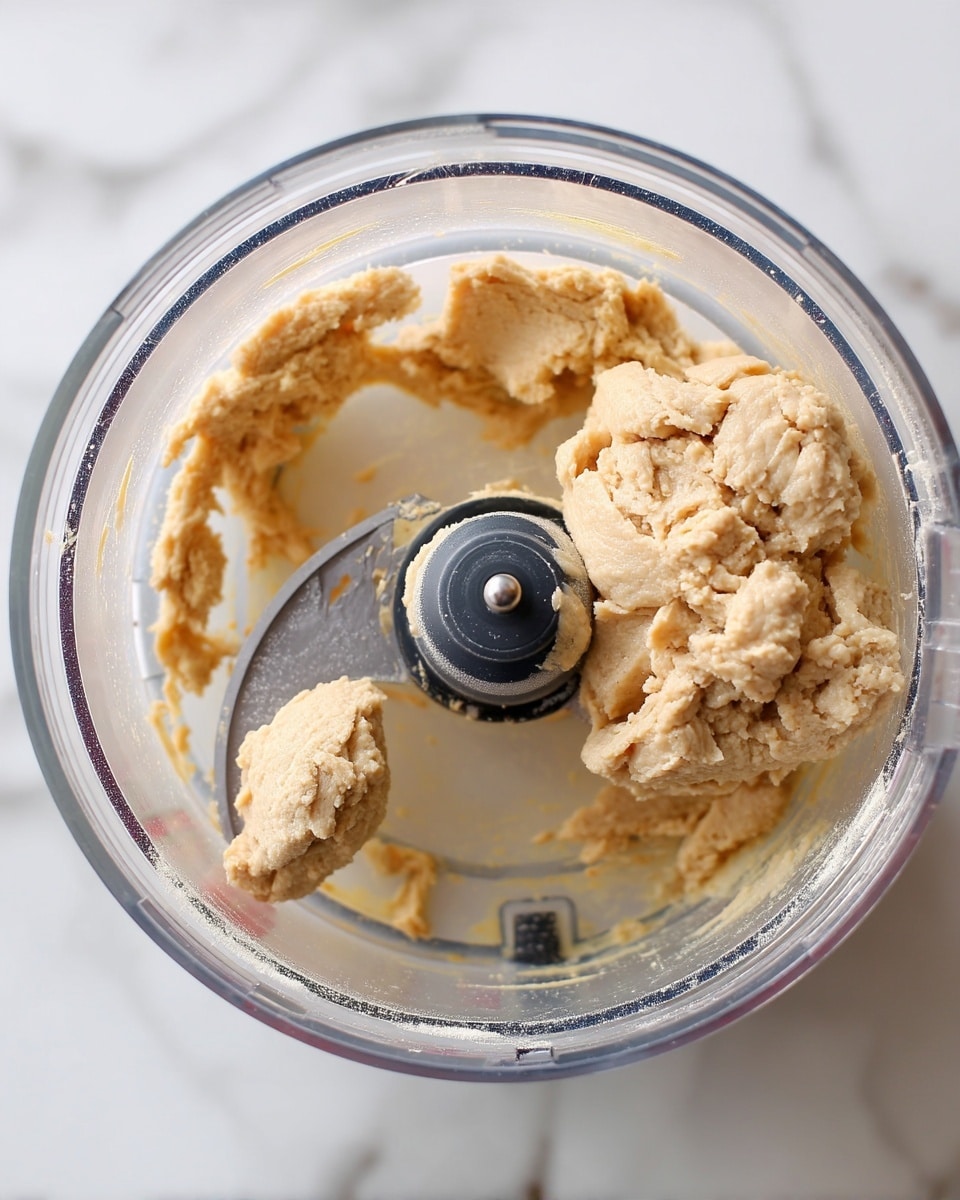 The image shows a top view of a clear food processor bowl containing two beige dough blobs with a thick, slightly rough texture. One larger dough clump is attached to the side of the bowl near the top right, and a smaller dollop sits near the bottom left, with some dough bits spread inside the bowl. The food processor blade is visible in the center, surrounded by the dough and clear plastic. The whole scene is set on a white marbled surface. photo taken with an iphone --ar 4:5 --v 7