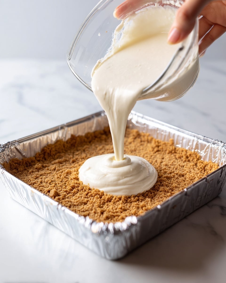 A close-up view of a thick white cream being poured from a clear bowl onto a light brown crumbly crust inside a foil-lined square pan. The crust has a rough texture, and the cream looks smooth and thick as it is dropped in the middle of the crust layer. The pan sits on a white marbled surface that adds a clean bright background to the scene. The edge of a woman's hand can be seen holding the bowl at the top right corner. photo taken with an iphone --ar 4:5 --v 7