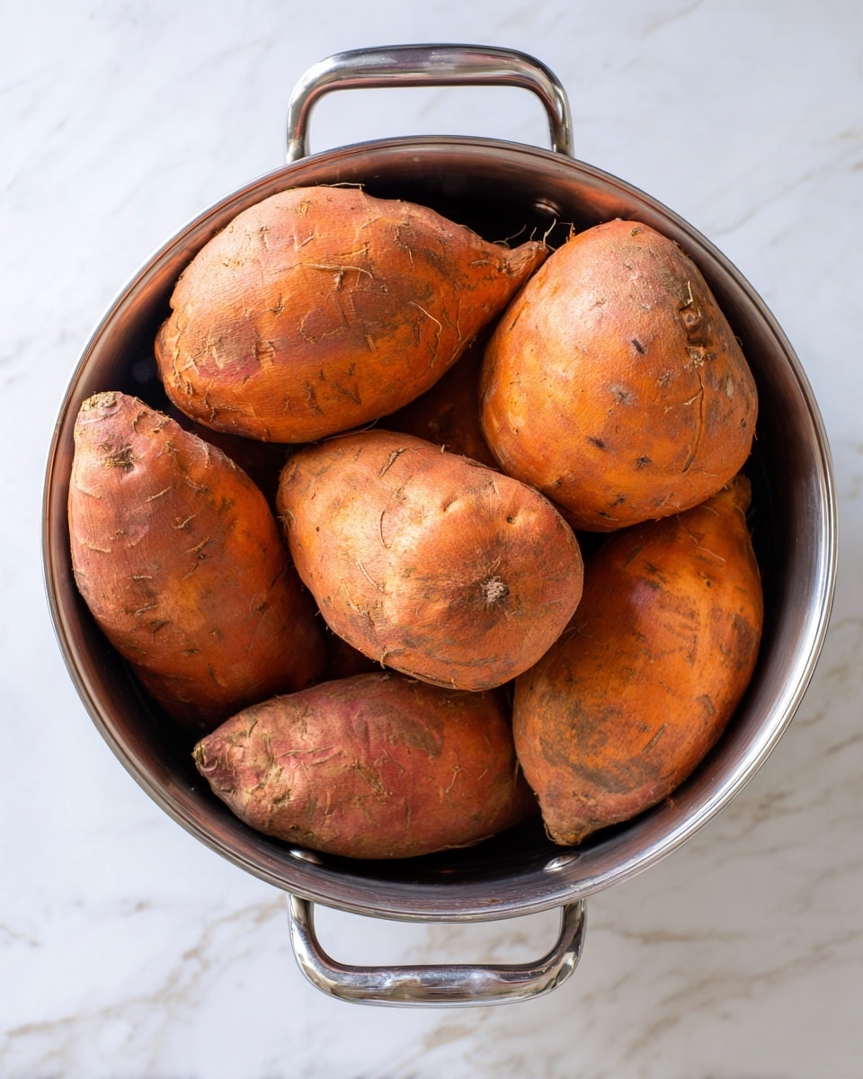 The image shows a metal steaming pot filled with seven whole sweet potatoes. The sweet potatoes have a rough, orange-brown skin with some dirt marks and are stacked in two layers inside the pot. The pot has a shiny silver color with a smooth metal texture, and the handles of the pot are visible on the sides. The background is a white marbled surface. photo taken with an iphone --ar 4:5 --v 7