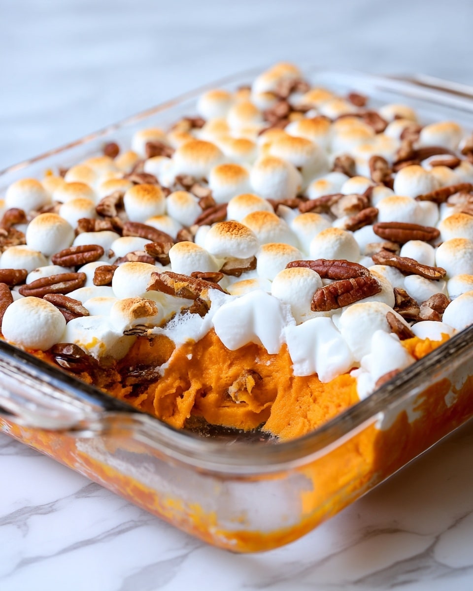 The image shows a square glass dish filled with three layers of food. The bottom layer is smooth and bright orange, soft in texture, and thickly spread. The middle layer is white, fluffy marshmallows that are melted and toasted, with spots of light brown on them. The top layer has scattered brown pecan nuts, adding rough texture and crunch. Part of the dish is missing a serving, showing a clear side view of the bottom orange layer inside the glass dish. The dish is placed on a white marbled surface. Photo taken with an iphone --ar 4:5 --v 7