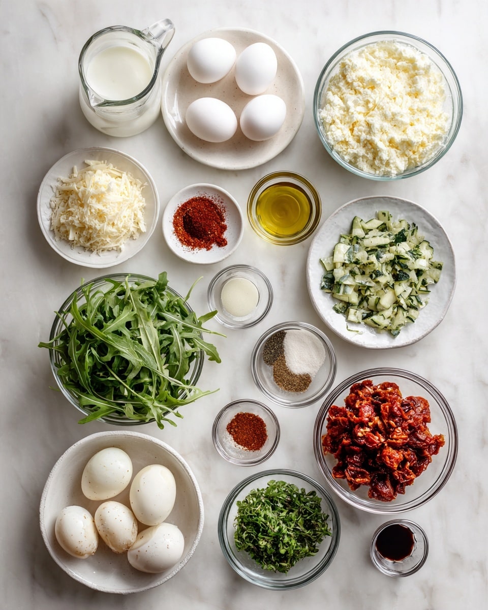 Top-down professional food photography flat lay style, bright white marble countertop, neatly arranged, evenly spaced, tidy, clean organized layout, include: bowl of whole eggs on small plate, glass measuring cup of unsweetened non-dairy milk, small bowl of grated zucchini, small bowl of chopped sun dried tomatoes, small bowl of chopped fresh basil, small bowl of torn prepared meat pieces, small bowl of grated parmesan cheese, small bowl of paprika powder, small bowl of Italian seasoning, small bowl of salt and pepper, small glass cup of olive oil, small glass cup of red wine vinegar, small bowl of baby arugula, bright soft natural lighting, sharp focus, high detail textures, realistic reflections, professional DSLR look, 4K, no finished dish, no cooked food, no hands, no text, no watermark, no brand logos --ar 4:5 --v 7