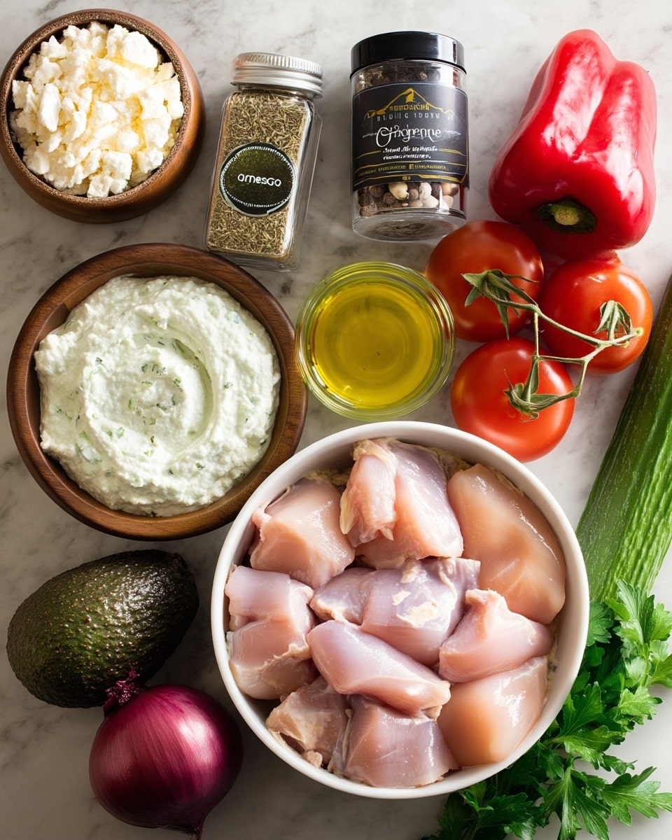 The image shows a white round bowl filled with raw, light pink chicken pieces positioned at the right side on a white marbled surface. To the left of the chicken bowl, there is a wooden bowl with light beige hummus with a smooth, swirled texture on top. Above it, another wooden bowl contains white creamy yogurt with small green herbs mixed in, showing a soft, thick texture. At the top left corner, a wooden bowl is filled with crumbly, white cheese with a rough texture. Next to it, a small glass container labeled