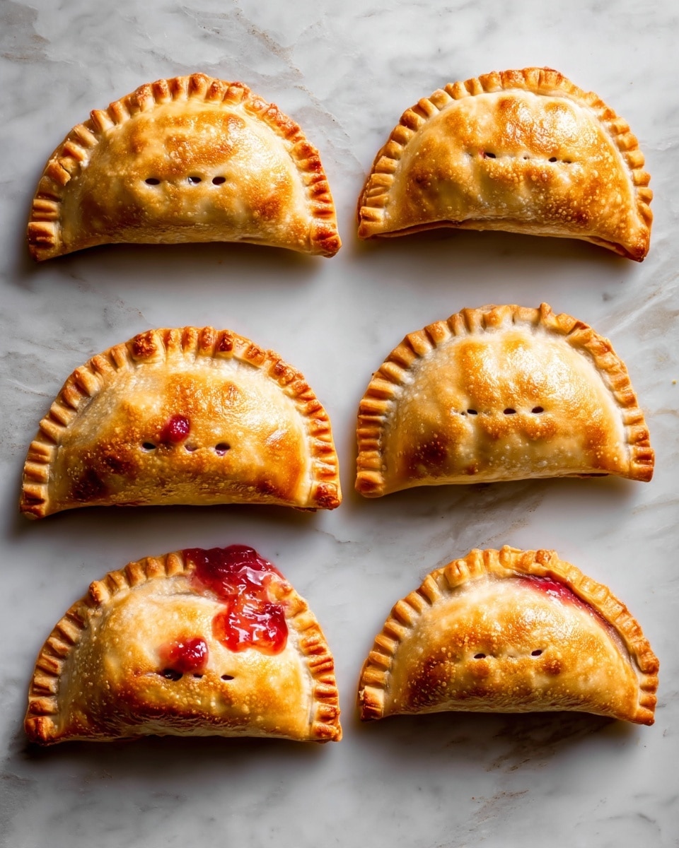 Six golden-brown empanadas are neatly arranged on white marbled surface, with three in the top row and three in the bottom row. Each empanada has a crimped edge and small fork holes on top for steam release. Two of the empanadas on the bottom and one in the top left have a bit of red filling oozing slightly out from one side, adding a splash of color that contrasts with the warm, crispy crust. The lighting highlights the flaky texture of the pastry, making it look fresh and inviting photo taken with an iphone --ar 4:5 --v 7