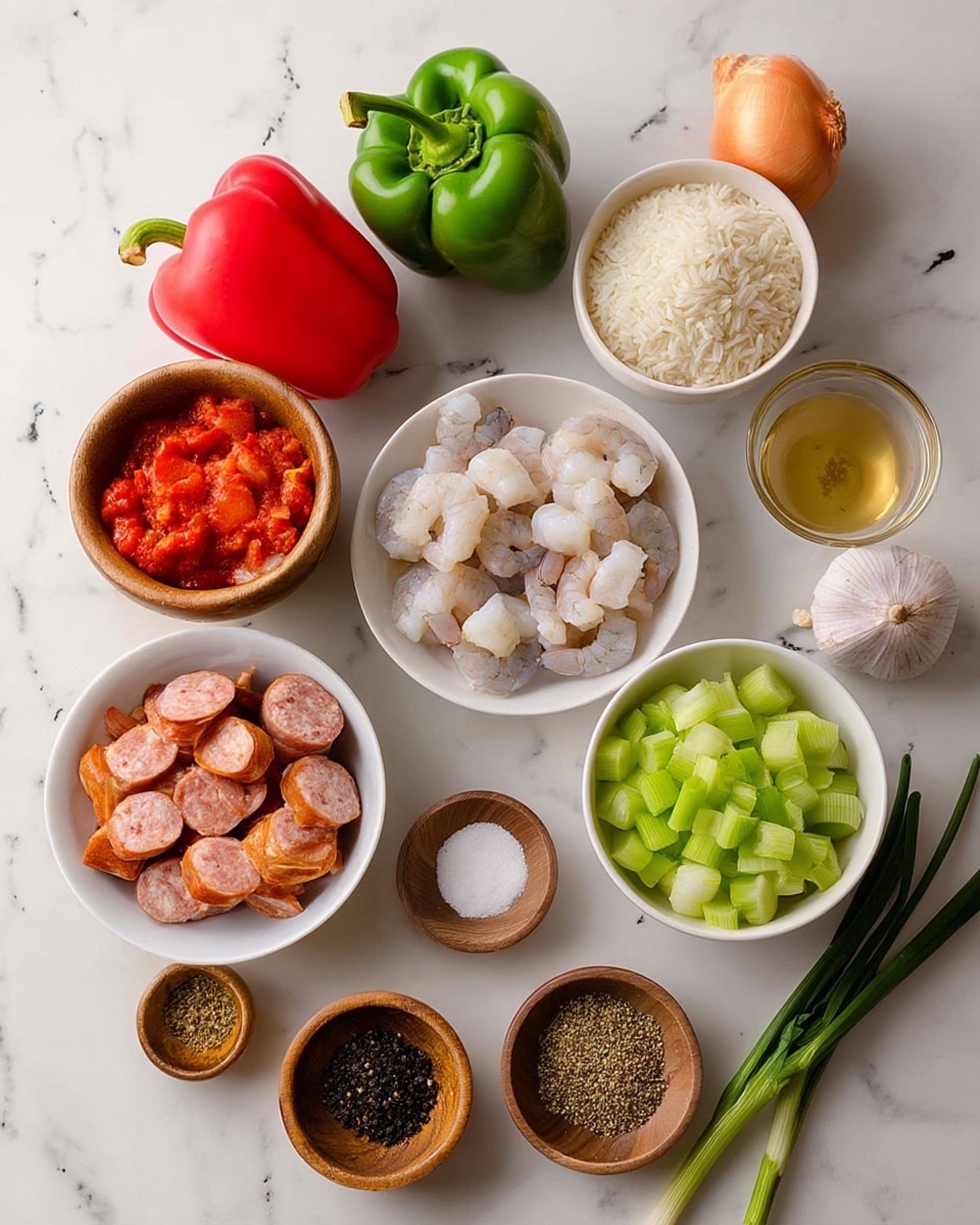 The image shows a white marbled surface with various small white and wooden bowls arranged neatly, each holding different ingredients. There are two whole bell peppers, one red and one green, one whole onion, a few stalks of green onions, and a garlic bulb placed around the bowls. The white bowls contain raw sliced chicken, shrimp, sliced sausage, diced celery, and cooked rice. Smaller bowls hold spices such as black pepper, paprika, and ground seasoning, as well as salt and possibly oil or broth in clear and wooden containers. The ingredients are spread evenly with colors like red, green, white, and orange, creating a bright and clean scene. photo taken with an iphone --ar 4:5 --v 7