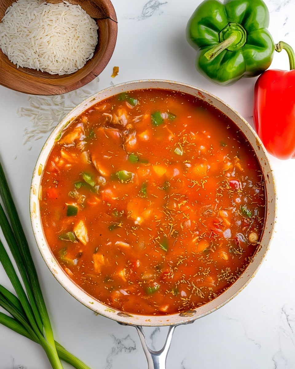 A round white pan filled with a thick, orange-red stew that has visible chunks of green bell pepper, onions, and bits of white meat scattered throughout. The stew's surface is sprinkled lightly with dried herbs. The pan has a shiny silver handle and sits on a white marbled surface. To the left, there is a small wooden bowl holding uncooked white rice, and two stalks of green onions lie nearby. In the top right corner, a whole green bell pepper and a red bell pepper rest on the same white marbled surface. Photo taken with an iphone --ar 4:5 --v 7