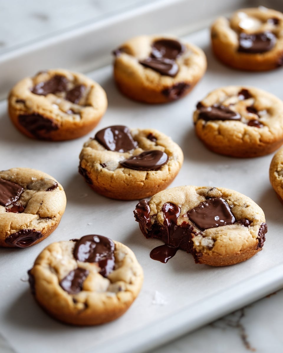 There are several small round cookies arranged in rows on a white parchment-lined baking tray. Each cookie is light golden brown with soft texture and large dark brown chocolate chunks melted on top and inside. One cookie in the front right is partially bitten, showing a soft inside with melted chocolate. The tray sits on a white marbled surface. photo taken with an iphone --ar 4:5 --v 7