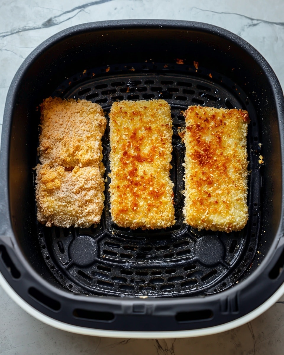 The image shows three pieces of breaded food inside a black air fryer basket. Each piece is rectangular and covered with a light golden, crumbly coating that appears rough and dry. The pieces are spaced evenly apart on the basket's dotted and slotted bottom surface. The fryer basket is placed on a white marbled countertop. Photo taken with an iphone --ar 4:5 --v 7