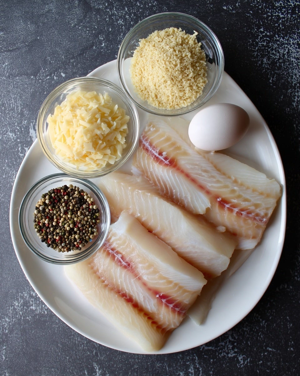 The image shows raw white fish fillets with a pale pink stripe on a white plate in the lower left corner. Above the fish plate are two clear glass bowls filled with light-colored dry ingredients, where the left one has fine, powdery crumbs and the right one has coarser crumbs. To the right of these bowls is a smaller clear glass bowl with a mix of ground black and white pepper. In the lower right part of the image, there are two whole white eggs placed directly on a dark textured surface. The background is replaced with a white marbled texture. photo taken with an iphone --ar 4:5 --v 7
