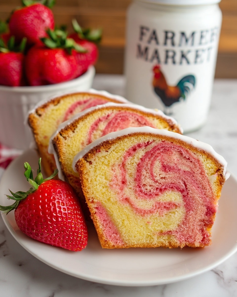 Three slices of pink and yellow swirl cake with white icing on the edges are placed on a white plate. The cake layers have a soft and spongy texture, with the pink swirl creating a spiral pattern inside each slice. Fresh red strawberries are next to the plate and in the background. There is a white jar with