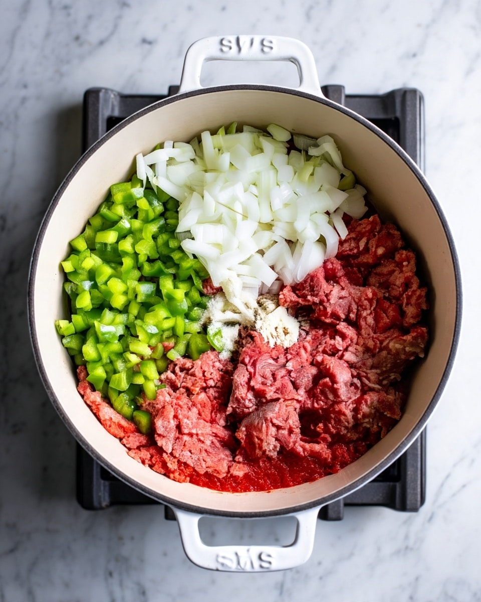 A white pot sits on a stove with raw ingredients separated inside in four layers: finely chopped bright green bell peppers on the left, small white chopped onions on the top, grounded red meat on the right and bottom, and a small pile of white seasoning powder in the middle. The pot handles are visible and the stove beneath the pot is dark gray. The background shows the white marbled stove surface around the pot. Photo taken with an iphone --ar 4:5 --v 7