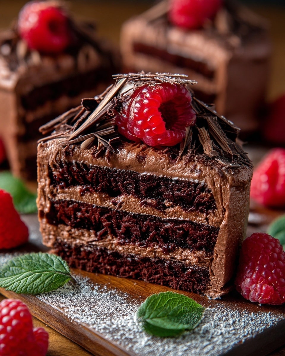 The image shows a close-up view of a rich chocolate cake slice with three layers of dark chocolate sponge separated by two layers of smooth chocolate cream. The outside is covered with the same chocolate cream and topped with thin dark chocolate shavings and a bright red raspberry on top. The slice sits on a wooden textured surface dusted lightly with powdered sugar, with additional raspberries and green leaves beside it. In the background, more similar chocolate cakes are visible, arranged closely together. photo taken with an iphone --ar 4:5 --v 7