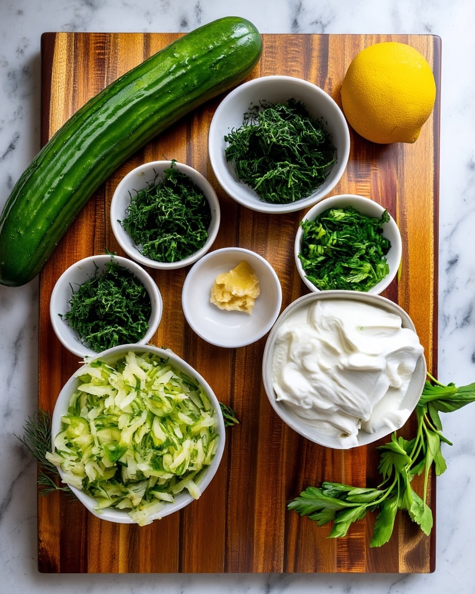 The image shows a dark wooden cutting board with fresh ingredients and a finished dip. On the left side, six small white bowls are arranged in two rows: the top row has finely chopped dark green herbs, and the bottom row contains shredded pale green cucumber, thick white yogurt, and a small amount of yellow lemon juice and minced garlic in the front two bowls. A whole green cucumber is placed diagonally at the top, with a bright yellow lemon just below it. On the right side, a white bowl holds a creamy white dip mixed with small green herb pieces, creating a textured look. Fresh green herbs lie scattered around the cutting board. The surface beneath the cutting board is a white marbled texture. Photo taken with an iphone --ar 4:5 --v 7