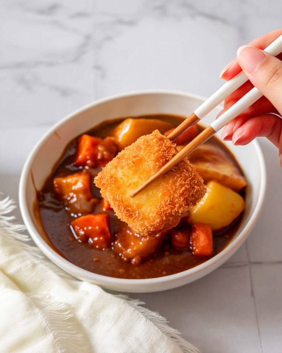 A close-up image shows a piece of golden-brown fried food with a crispy textured top layer and a white inside layer being held by wooden chopsticks with white tips, held by a woman's hand on the right side. The food has a glossy brown sauce on one side. Below, a white bowl holds a dark brown stew with visible chunks of orange carrot and pale potato in a thick sauce. The whole scene is set on a white marbled surface with a soft white cloth on the bottom left corner. Photo taken with an iphone --ar 4:5 --v 7