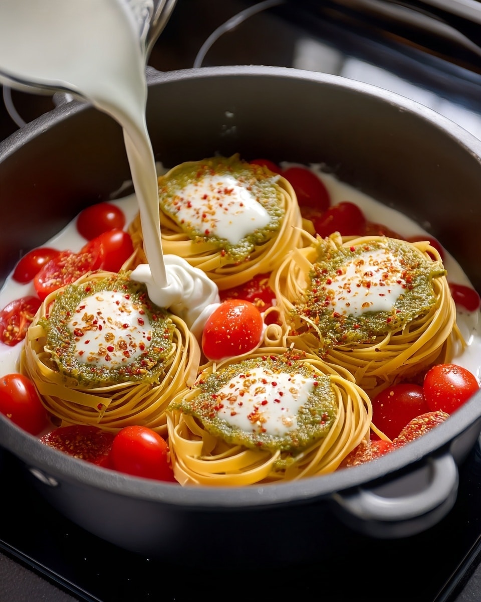 Inside a deep pot, there are four nests of uncooked yellow pasta, each topped with a green pesto sauce and sprinkled with red spices and thin white garlic slices. Surrounding the pasta are fresh, halved bright red cherry tomatoes scattered over a layer of thick white cream. More white cream is being poured in a smooth stream into the pot, creating a contrast with the vibrant reds and greens. The pot sits on a black stove top with a glossy finish. photo taken with an iphone --ar 4:5 --v 7