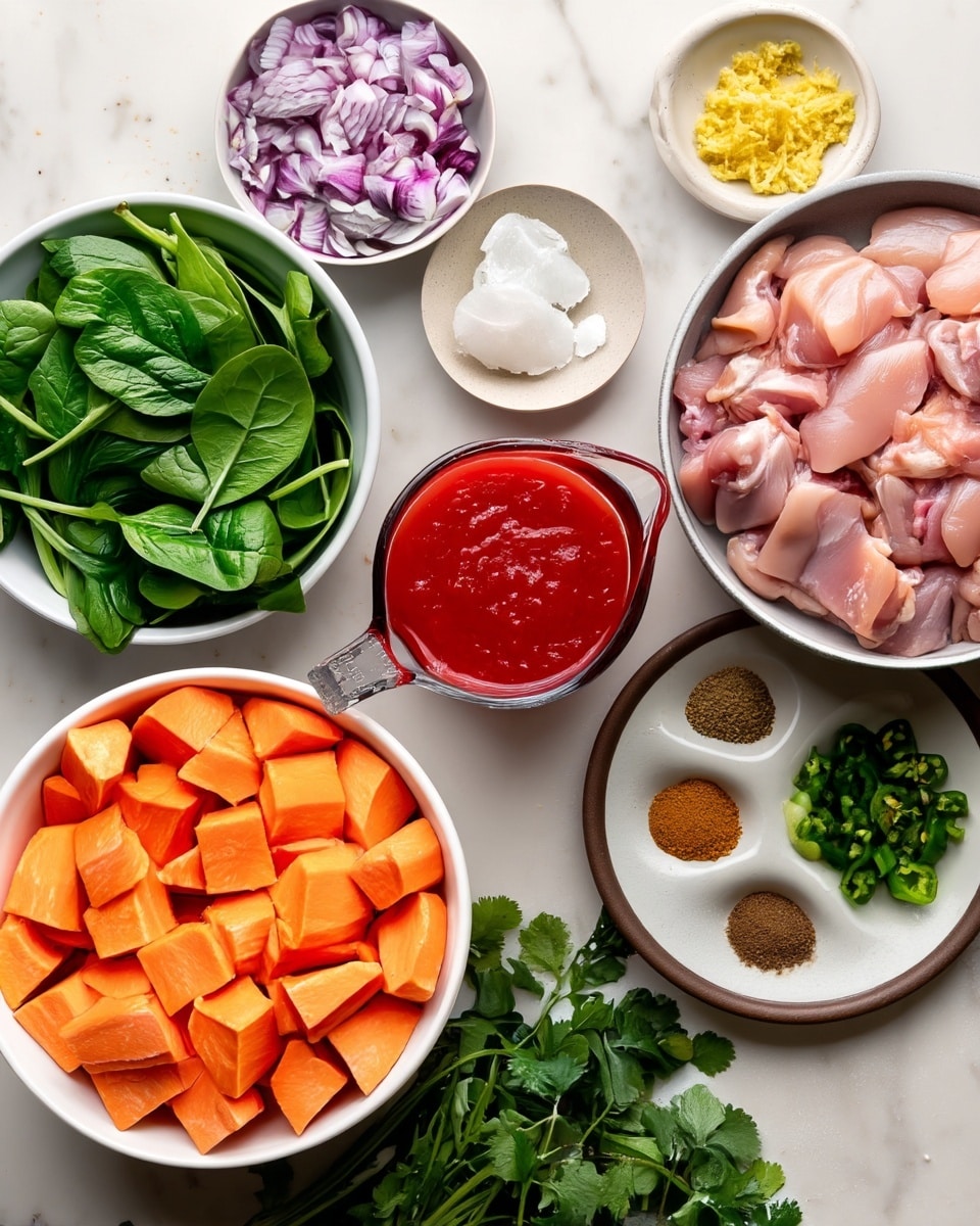 The image shows many small white bowls and one white plate on a white marbled surface, each filled with different cooking ingredients. Starting from the left, there is a bowl full of fresh green spinach leaves, below it a bowl with orange chunks of peeled sweet potato. Next to the sweet potatoes is a white bowl containing chopped red onions. Above the onions, a small white bowl holds grated yellow ginger, while a small brown-rimmed bowl contains minced garlic. To the right, a small beige bowl has solid white coconut oil. A glass measuring cup filled with red tomato puree sits near the center. On the right side is a large white bowl filled with raw pink chicken pieces. Below the chicken is a bunch of fresh cilantro with green leaves and stems. In front of the cilantro, a white plate with a brown rim holds six different spices, including turmeric, black pepper, cinnamon, salt, and other earthy-toned powders. On the top right, a small white bowl is filled with diced green chili peppers. The photo is taken with an iphone --ar 4:5 --v 7