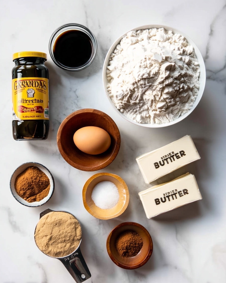 The image shows a set of baking ingredients arranged neatly on a white marbled surface. There is a large white bowl full of white flour on the upper right side and two white sticks of butter with black letters stacked side by side near the center. Next to the butter is a small wooden bowl with white baking powder, and below it is a small wooden bowl of salt. Near the bottom left is a black measuring cup filled with light brown ground ginger, and to its left is a brown egg. Above the egg are three small white bowls with different brown spices: cinnamon, nutmeg, and ground cloves. To the left of the butter and spices is a dark glass jar of Grandma’s molasses with a yellow lid. The ingredients are spaced evenly, all on the white marble background. photo taken with an iphone --ar 4:5 --v 7