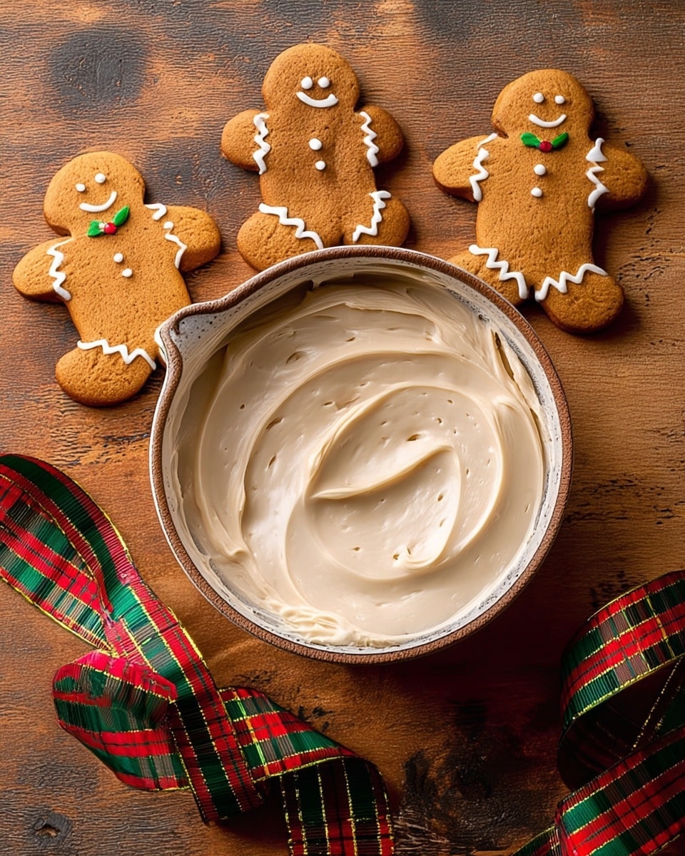 A bowl filled with smooth, light beige frosting with soft swirling patterns on the surface sits on a wooden table. Around the bowl, there are three gingerbread cookies, each shaped like a person decorated with white icing for eyes, mouth, buttons, and zigzag details on arms and legs, with one cookie also having green holly leaves and red berries near its neck. A red, green, and yellow plaid ribbon curls partially on the table near the bowl. The background has a worn wooden texture. photo taken with an iphone --ar 4:5 --v 7