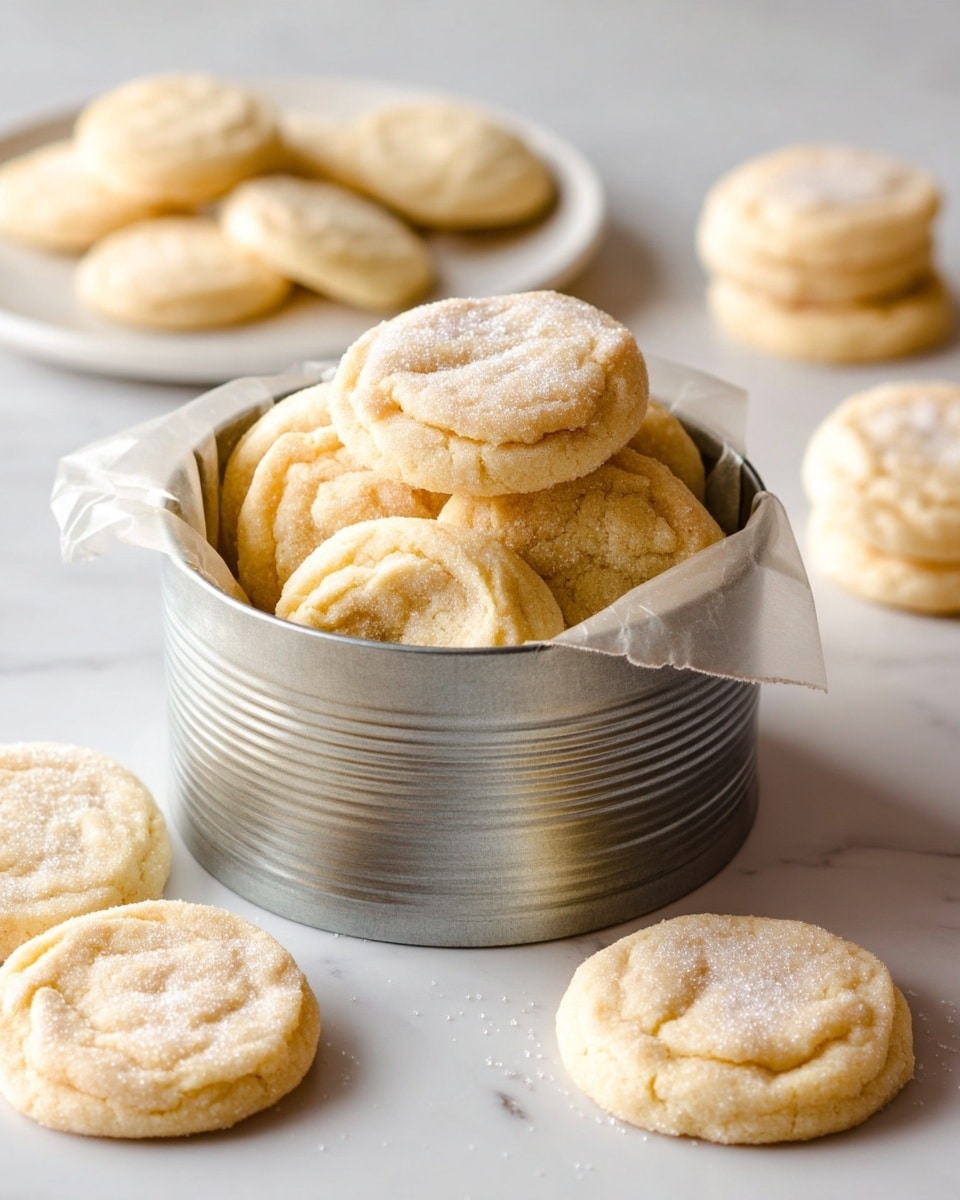 The image shows a metal round container lined with parchment paper filled with soft, round, light beige cookies stacked inside. The cookies have a slightly cracked surface texture and appear to be coated lightly with sugar. Around the container, several cookies are spread on a white marbled surface. In the background, there are two white plates with more of the same cookies placed on the same white marbled surface. The overall color palette is warm and neutral, focusing on the pale golden shades of the cookies and the clean white marbled texture beneath them. photo taken with an iphone --ar 4:5 --v 7