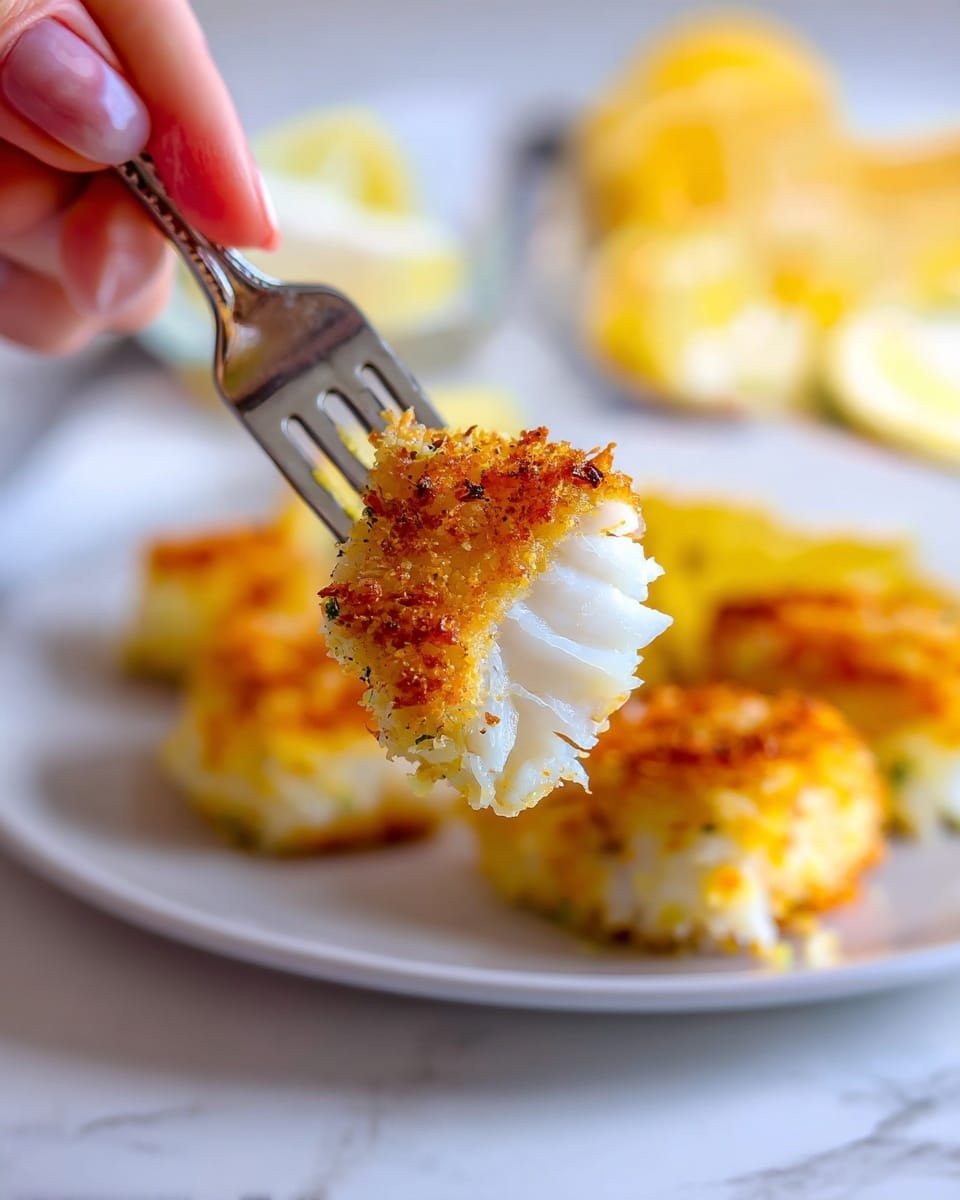 A close-up image shows a fork held by a woman's hand lifting a piece of food with a crispy, golden-brown crust on the outside and white, flaky texture inside. The background reveals a white plate with more pieces of the same food, softly blurred. The surface beneath the plate is white with a marbled texture, and soft yellow lemon slices are faintly visible in the background. The lighting is bright, highlighting the crunchiness and softness of the food. Photo taken with an iphone --ar 4:5 --v 7