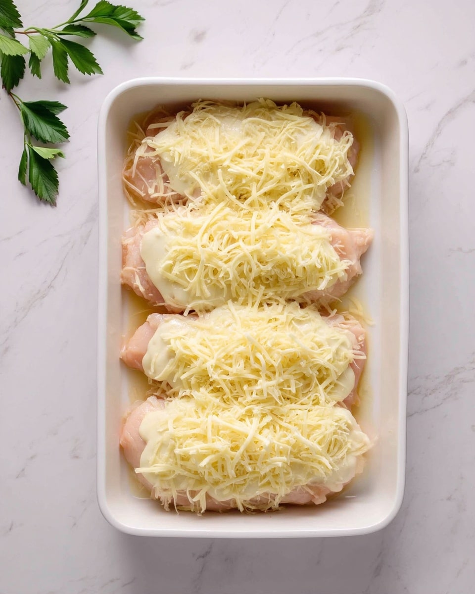 The image shows a white rectangular baking dish placed on a white marbled surface. Inside the dish, there are four large pieces of pale pink meat arranged side by side. Each piece is topped with a thick layer of white creamy sauce, which is fully covered in finely shredded pale yellow cheese, giving it a soft and fluffy texture. The cheese slightly spills over the edges of the meat and onto the dish. Some green leaves are visible on the top left corner of the image, adding a fresh touch. Photo taken with an iphone --ar 4:5 --v 7
