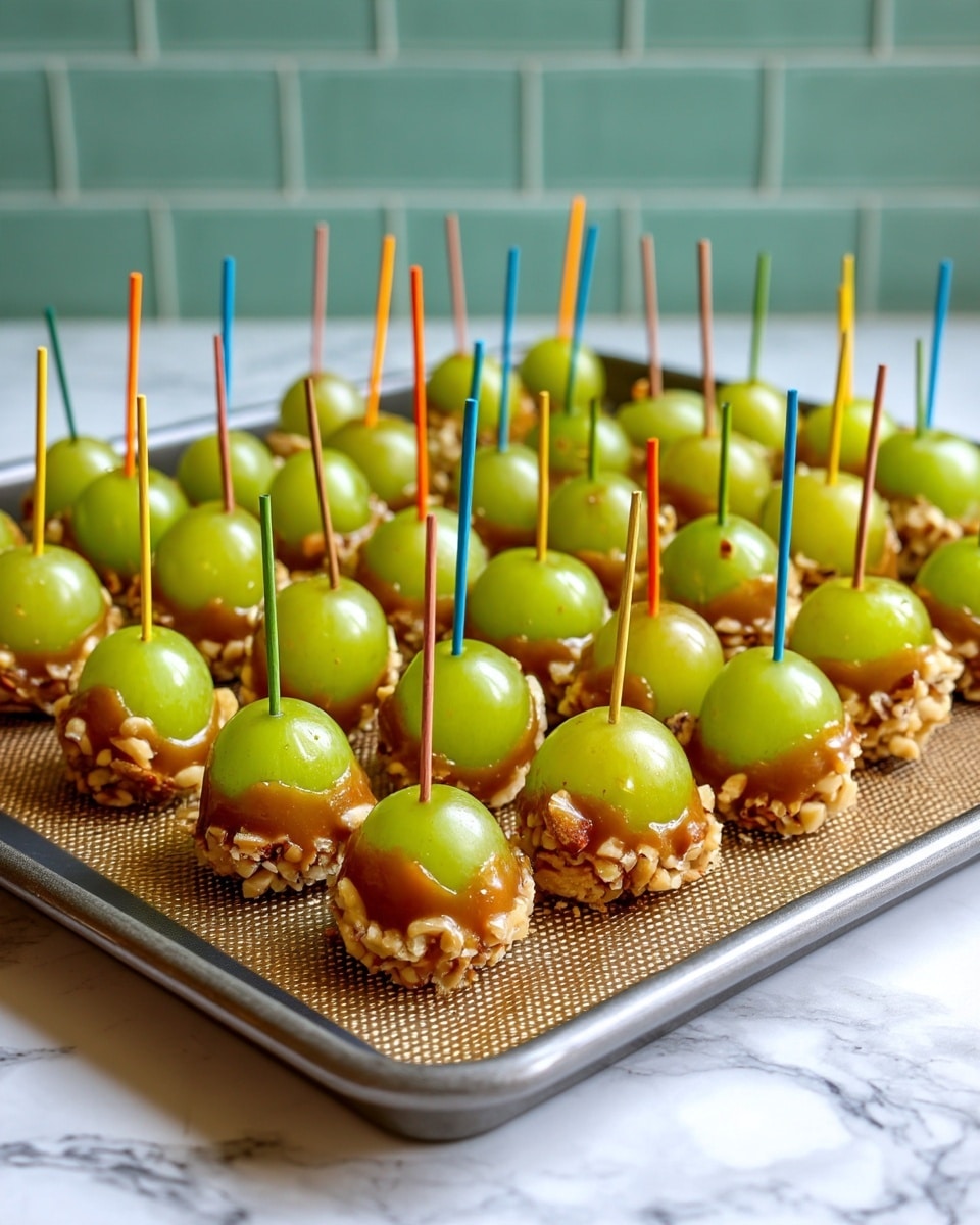 A close-up shows a woman's hand holding a single green olive with a yellow toothpick stuck in it. Behind it, many green olives, each with a colorful toothpick in the middle, are neatly placed in rows on a baking tray lined with a textured mat. The colors are mainly the bright green of the olives and the varied colors of the toothpicks, all set against the gray edges of the tray and a blurred white marbled background. photo taken with an iphone --ar 4:5 --v 7