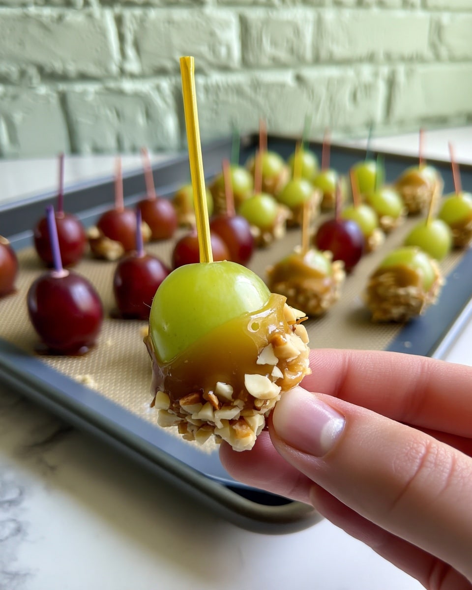 A close-up shows a small green grape on a thin yellow skewer held by a woman's hand. The grape is dipped halfway in a shiny golden caramel layer, which is then covered with a rough layer of chopped light brown nuts on the caramel part. In the background, there is a dark tray lined with a beige silicon mat, filled with many more grapes prepared the same way, each with skewers in different bright colors. The whole scene is set on a white marbled surface with a soft, out-of-focus light green wall in the back. photo taken with an iphone --ar 4:5 --v 7