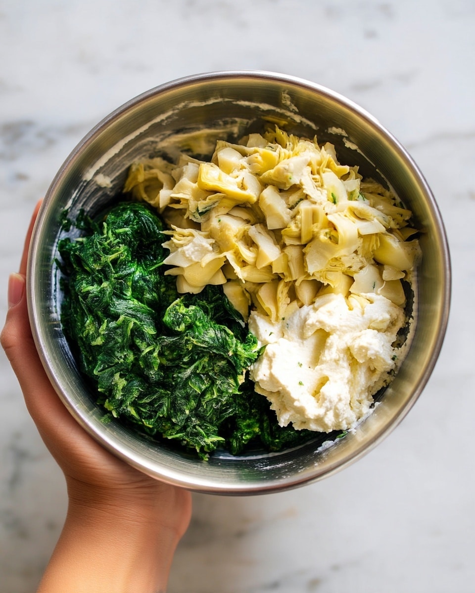 A metal bowl held by a woman's hand shows three separate layers of ingredients inside; on the left is a bright dark green, finely chopped spinach layer with a moist texture, on the top right is a pale yellow, roughly chopped artichoke heart layer with a soft and chunky texture, and on the bottom right is a creamy white ricotta cheese layer that looks smooth and thick. The background surface is white marbled texture photo taken with an iphone --ar 4:5 --v 7