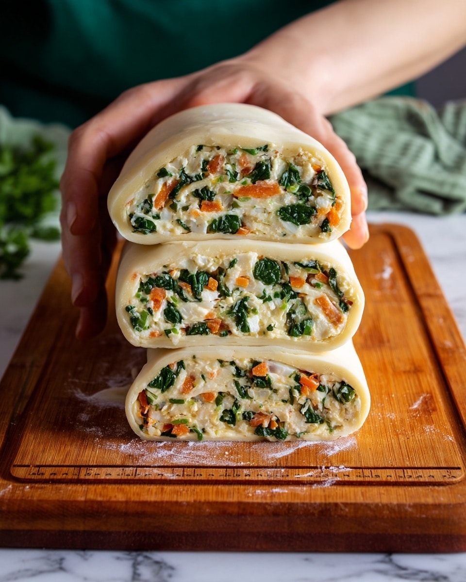 A rolled dough is opened up to show its inside with three layers of filling visible. Each layer is creamy white with green bits of spinach and small pieces of orange carrot mixed throughout, creating a colorful contrast. The dough around the filling is smooth and pale, forming a neat outer shell. A woman's hands gently hold the layered roll on a wooden board with measurement markings, while a green cloth and a white marbled surface are faintly seen in the background. photo taken with an iphone --ar 4:5 --v 7