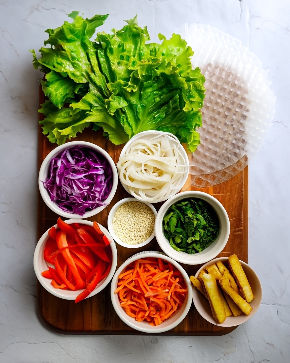 This image shows a wooden board with a fresh, bright green leafy lettuce placed on the top. Below the lettuce, there are eight small white bowls arranged in a circular pattern. Starting from the top left, one bowl contains shredded purple cabbage, next to it is a bowl with white rice noodles coiled inside. Moving clockwise, the next bowl holds chopped fresh green herbs, and beside it, another bowl contains golden grilled tofu sticks. In the bottom center bowl, there are thinly shredded orange carrots, and to its left, a bowl with sliced red bell peppers. At the center of all bowls, there is a smaller bowl filled with white sesame seeds. A few transparent round rice paper sheets are positioned near the lettuce on the wooden board. The whole setting is on a white marbled surface. Photo taken with an iphone --ar 4:5 --v 7