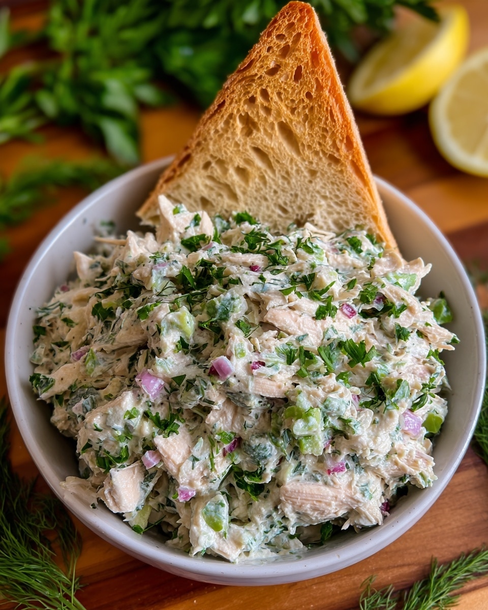 A bowl of creamy chicken salad with three layers: the base is shredded chicken mixed with small pieces of light green celery and purple onion, all coated evenly in a white creamy dressing with green herb flakes spread throughout. On top, fresh chopped green herbs like parsley are sprinkled to cover the salad. A single triangular piece of crusty light brown bread rests vertically on one side inside the white bowl. The bowl sits on a wooden surface with green dill and a lemon wedge visible in the background. Photo taken with an iphone --ar 4:5 --v 7