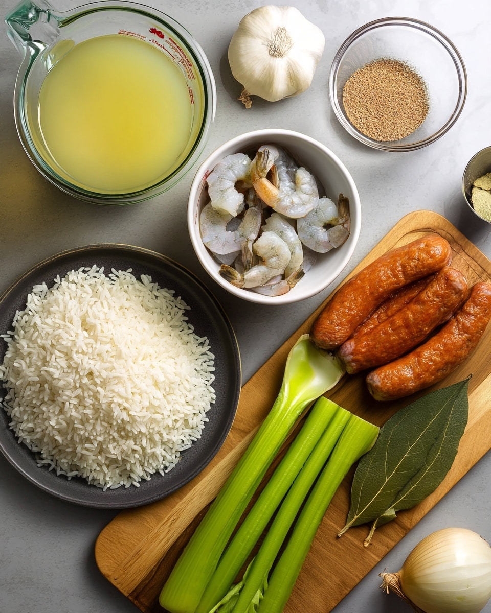 A clear glass cup filled with light yellow liquid sits at the top left. Below it, a clear bowl holds uncooked white rice with a smooth texture. To the right of the rice, on a round matte dark gray plate, are peeled raw shrimp in a white bowl and pieces of raw chicken with reddish-brown sausages close together. On a light brown wooden cutting board in the middle are bright green celery sticks with leafy herbs above and a shiny dark green bell pepper to the right. To the right of the board are a whole round light brown onion and a bulb of white garlic. Above the chicken and to the left of the onion, there are small clear and metal bowls filled with light brown powder and dried green herbs with a bay leaf. The whole scene is set on a white marbled surface, photo taken with an iphone --ar 4:5 --v 7