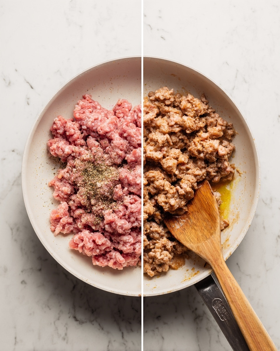 The image shows two side-by-side photos of ground meat cooking in a white pan on a white marbled surface. The left photo captures raw pink ground meat sprinkled with different spices, with a coarse texture and uneven clumps spread across the pan. The right photo shows the same ground meat fully cooked, now brown and crumbly, with some oil shining on top; a wooden spoon rests in the pan from the right side. Photo taken with an iphone --ar 4:5 --v 7